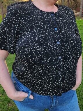 Vintage 90s Black Floral Vine Blouse | Dark Cottagecore Whimsigoth Botanical Top